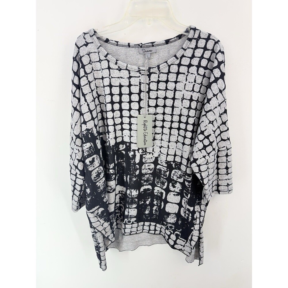 Shana Womens Large Tunic Top Black White Leaf Print Hi-Low Art to Wear NWT